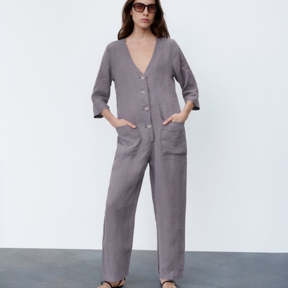 Zara 100% Linen Front Pocket Grey Boiler Jumpsuit  Onesie NWT Size Small - Picture 1 of 16